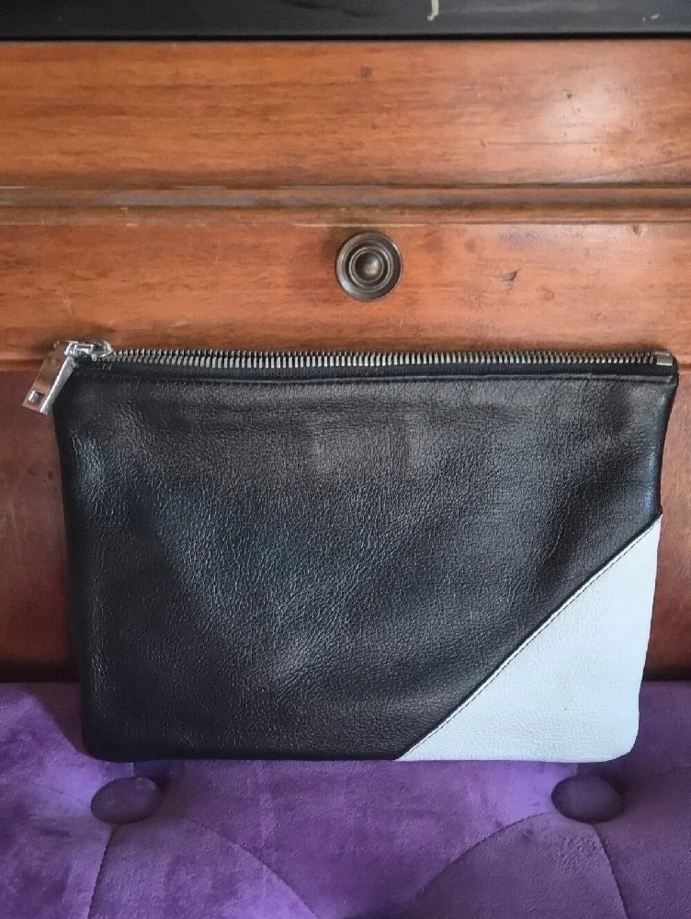J. Crew Black and White Leather Zip Pouch